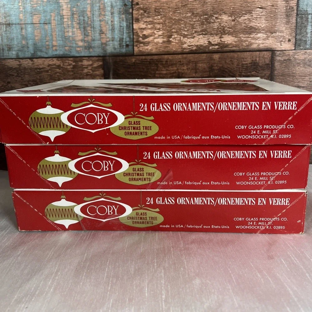 Vintage - 3 Jumbo‎ Boxes Of 24 Coby Christmas Tree Glass Ornaments Red & Blue